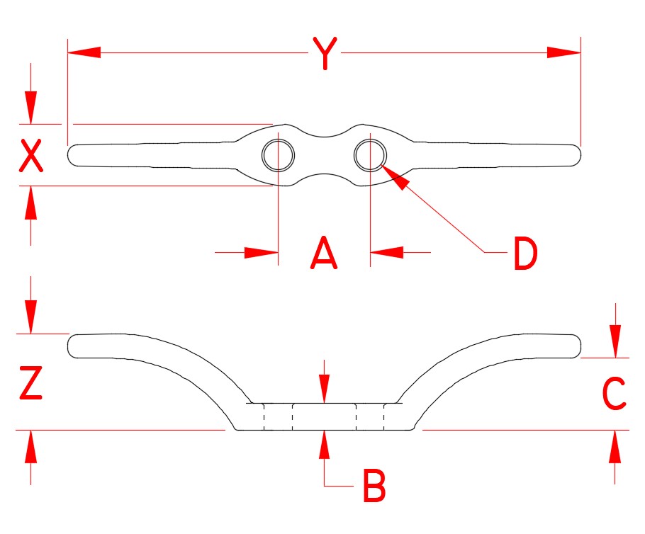 Stainless Steel Flagpole Cleat, S3103-0000, S3104-0000, Line Drawing Stainless Steel Flagpole Cleat, S3103-0000, S3104-0000, Line Drawing